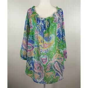 Chaps Womens Multicolor Paisley Sheer‎ Blouse in Green Sz 2X | Sheer Lightweight